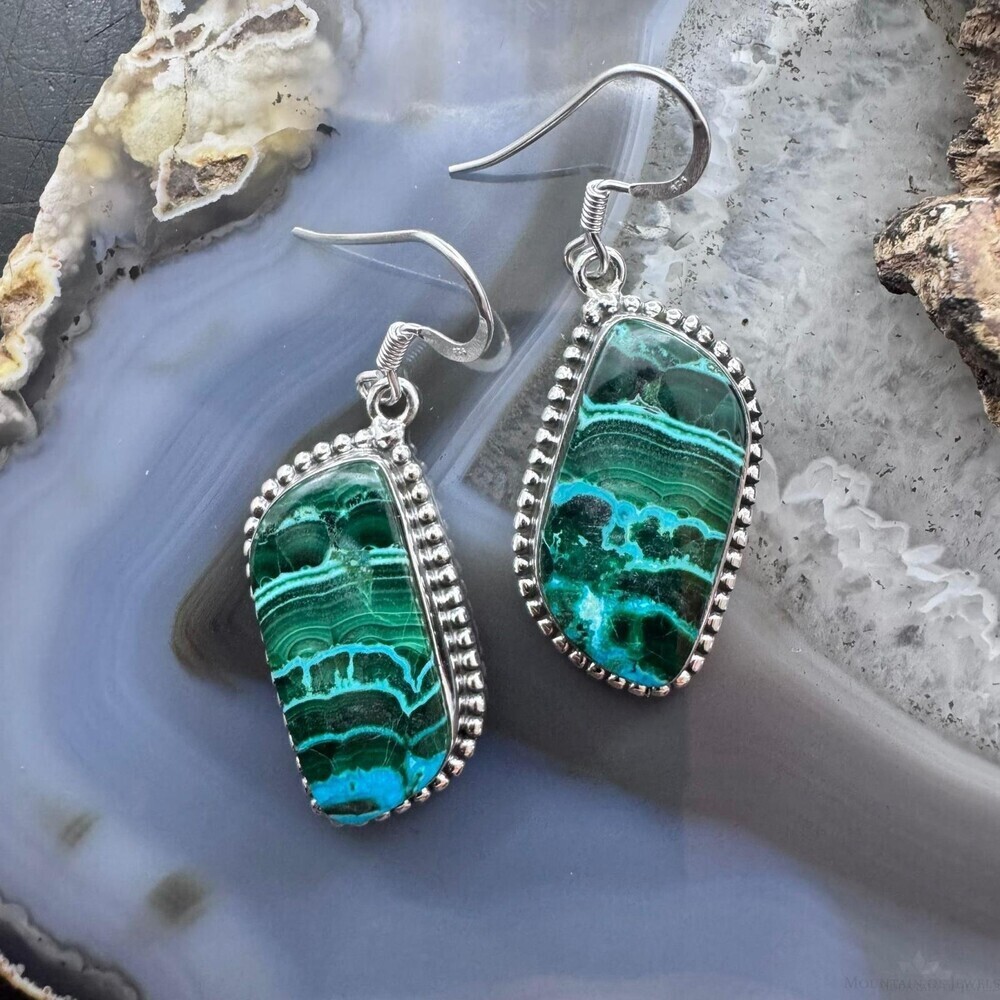 Sterling Southwestern Style Malachite Chrysocolla Decorated Dangle Earrings